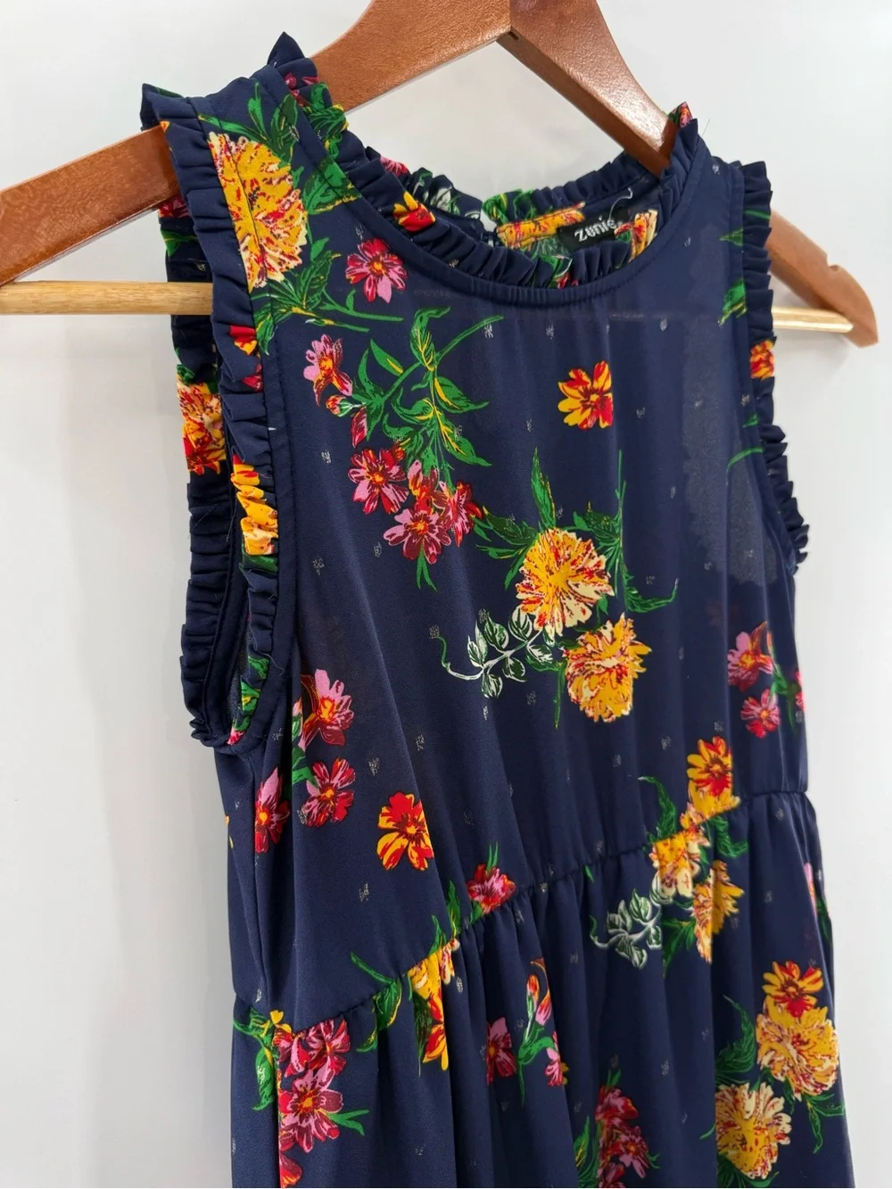 Zunie Girls Navy Floral Tiered Ruffle Trim Boho Maxi Dress Size 10